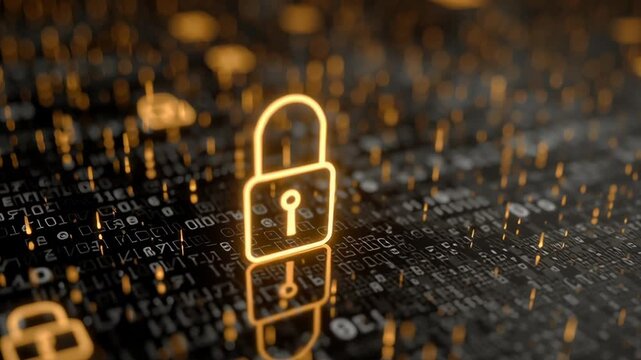 A close up of a computer screen with a yellow lock symbol on it. The lock symbol is surrounded by a lot of other symbols, making it stand out. Concept of security and protection