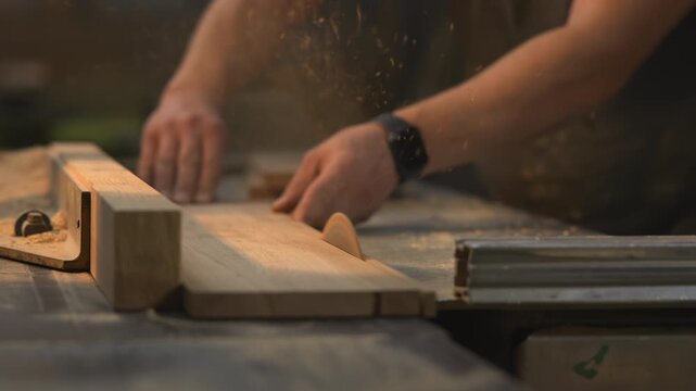 Experienced Woodworker Handles Saw With Caution, Precision And Safety Emphasized During Woodworking Process. Media