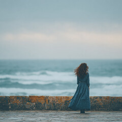 photo of young woman on the sea or ocean shore, standing with her back, untied dark hair develop in the wind, long dress, seascape, can be used as a poster or banner