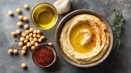 Chickpeas are blended with garlic olive oil and spices. Olive oil is drizzled on top with a sprinkle of paprika. Fresh herbs and garlic are nearby. This scene showcases a meal prep setup.
