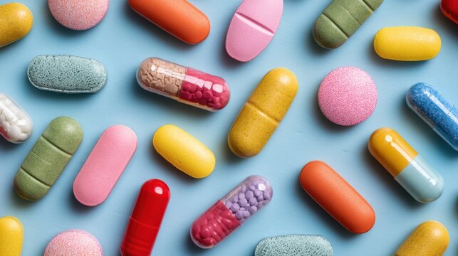 A vibrant collection of various pills and capsules scattered across a blue background. The image showcases a variety of shapes and colors, representing different types of medication, vitamins, and sup
