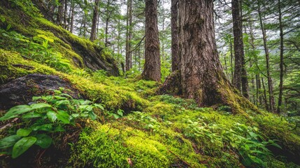 Obraz premium Lush green moss carpets the base of massive trees within a dense temperate forest