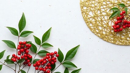 Fresh berries and leaves on a woven placemat