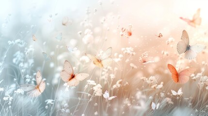 A light, airy spring composition with lots of colorful butterflies flying freely on a pure white background.