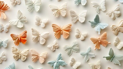 A light, airy spring composition with lots of colorful butterflies flying freely on a pure white background.