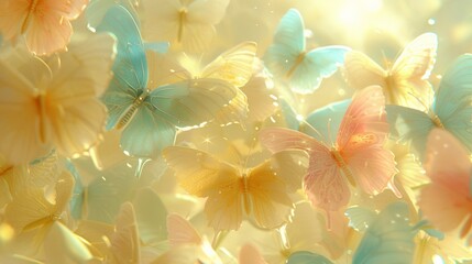 A light, airy spring composition with lots of colorful butterflies flying freely on a pure white background.