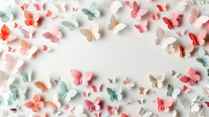 A light, airy spring composition with lots of colorful butterflies flying freely on a pure white background.