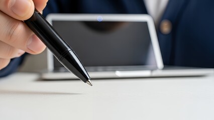 Person holding pen near laptop on white desk