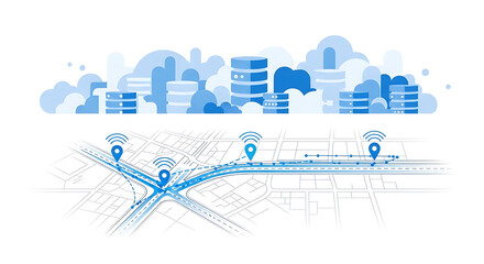 Illustration of cloud data storage with gps location pins on a street map in light blue color