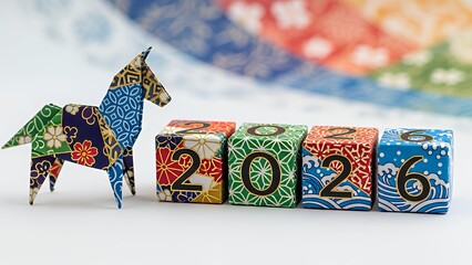 Colorful wooden blocks with numbers and horse figurine on white surface