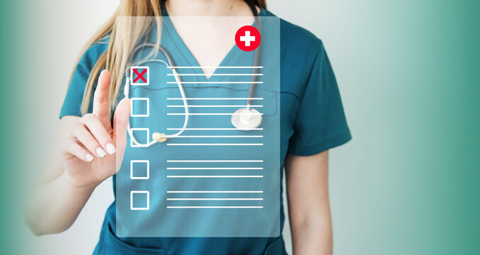 Medical professional completing a checklist, medical chekclist or opd record to read and diagnose and assess about patient's symptom for healthy and lifestyle concept.