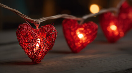 Romantic Red Heart String Lights Hanging on Rustic Rope, Warm Glowing Love Decoration for Valentine’s Day Background