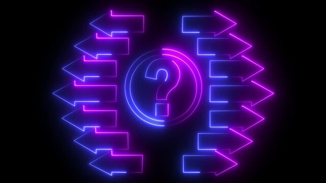line of question mark sign with direction right and left arrow icon animation glowing neon red and blue color information quiz road question mark sign symbol on black background 4k video .