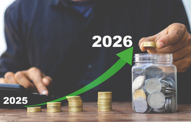 financial growth 2026 concept with coin stacks, savings jar, upward arrow showing investment progress