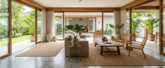 Modern tropical interior, clean layout, natural materials, minimalist furniture, tropical resort-inspired atmosphere