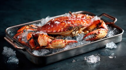 A vibrant, freshly caught crab displayed on a bed of ice in a metal tray. Ideal for depicting fresh seafood for culinary and gourmet presentations, emphasizing freshness and quality.