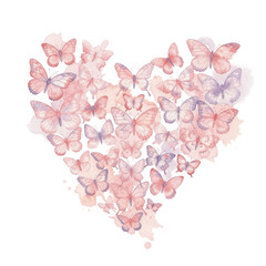 Watercolor Butterflies Heart &mdash; Romantic Valentine Illustration in Pastel Colors