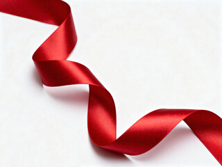 A festive red satin ribbon and curled bow isolated on a white background create a heart shape design perfect for a Christmas gift, Valentine celebration, or anniversary holiday card decoration