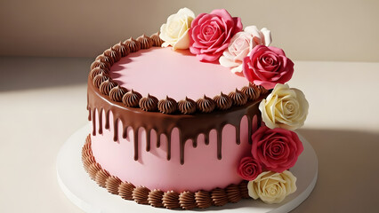Valentine&rsquo;s Day romantic dessert featuring pink cake, chocolate swirl accents, and rose shaped icing flowers