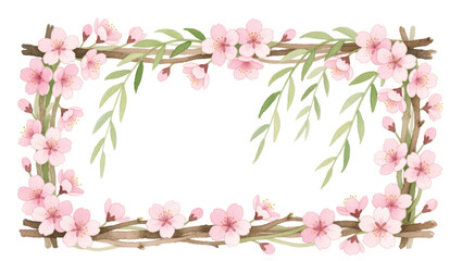 Watercolor Cherry Blossom Frame with Willow Branches &mdash; Delicate Floral Border