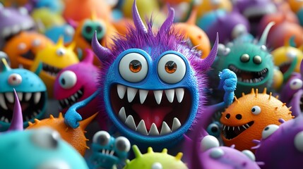 3D render showcases a vibrant, chaotic collection of cartoon monsters in various colors and styles.