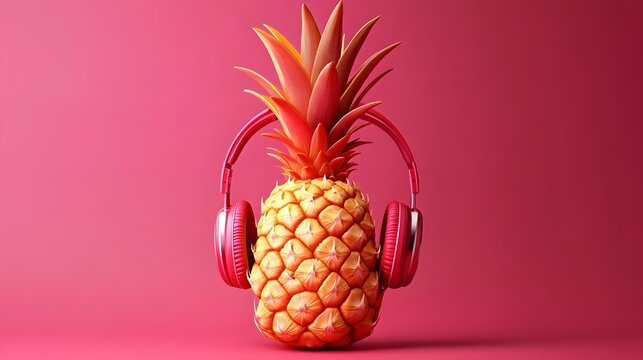 3D render of a vibrant orange pineapple wearing red headphones against a solid red background.