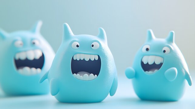 3D render of three cute, light blue, cartoon monsters with exaggerated smiles and teeth.