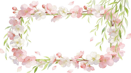 Watercolor Cherry Blossom Frame with Willow Branches &mdash; Delicate Floral Border