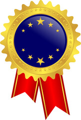 Golden Rosette Award Medal with Dark blue Center and red Ribbons