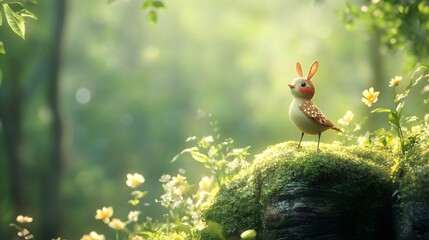 3D render of a cute, orange-brown bird perched on a mossy rock amidst lush greenery.