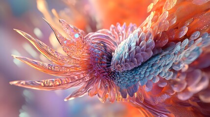 Obraz premium 3D render of an intricate, iridescent flower with crystalline petal-like structures.