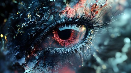 Digital illustration of a colossal, fiery red eye surrounded by cosmic debris and dark space.