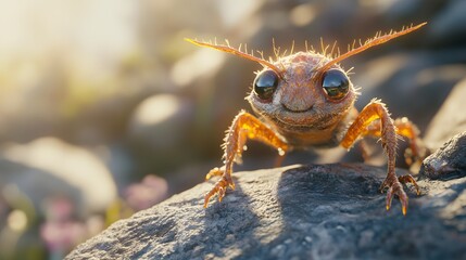 3D render of a tiny, orange insect with prominent antennae perched on a dark rock.
