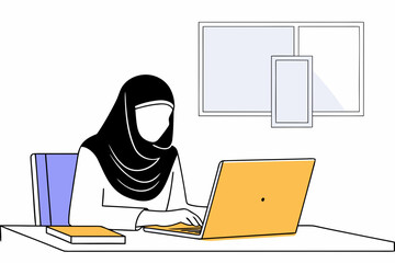 muslim woman in hijab working on office with a laptop