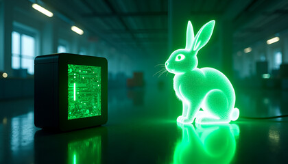 lowing green holographic rabbit sitting near a digital circuit screen in a modern laboratory, high-tech bioengineering, innovative animal research, or futuristic technology service. High quality photo