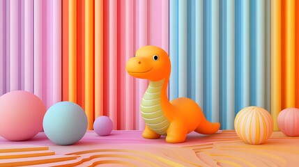 3D render of a toy dinosaur amidst a vibrant, striped background with various spheres.