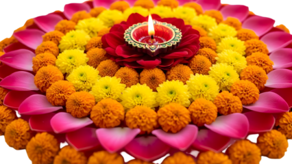 Colorful floral arrangement with lit diya in center isolated on a transparent background