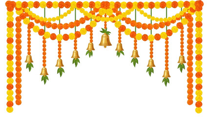 Happy Pongal celebration Colorful garlands with bells and green leaves hanging down isolated on a transparent background