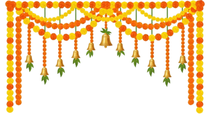 Happy Pongal celebration Colorful garlands with bells and green leaves hanging down isolated on a transparent background