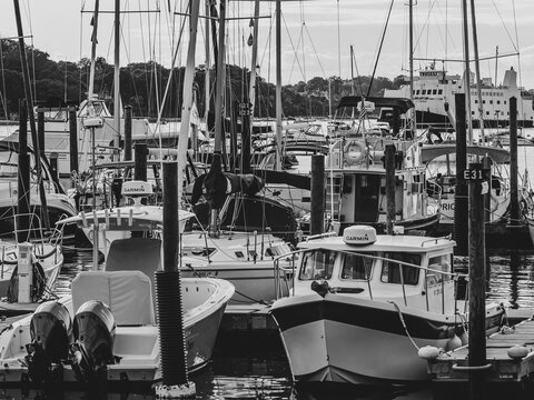 Boats Moored at a Marina Along Port Jefferson, Long Island Coast