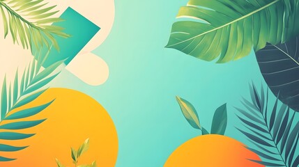 Digital illustration of tropical leaves and geometric shapes on a teal background.