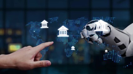 A captivating image showcasing a human hand interacting with a robotic hand, highlighting global finance trends through digital data visualization, symbolizing collaboration. Synapse - Powered by Adobe