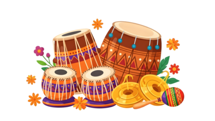 Colorful Indian musical instruments with flowers and leaves isolated on a transparent background