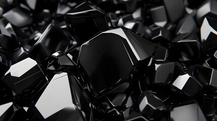 3D render of numerous black, faceted crystals creates a complex, abstract pattern.