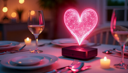 Glowing digital holographic heart shining over a high-tech device on a dinner table with wine glasses and burning candles, romantic dating application, modern tech love, or Valentine celebration. High