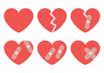 Whole heart, broken heart, and repaired heart with bandage. Set of red heart icons showing emotional states and healing process, love, recovery, relationships, mental health, therapy, support