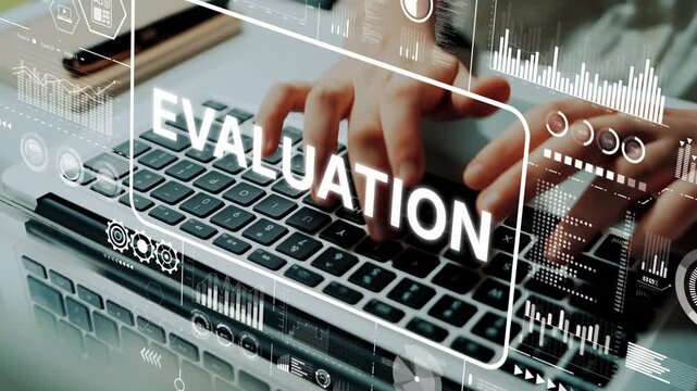 Hands Typing on Laptop Keyboard with Technology Graphic Overlay Featuring Data Evaluation Concept. Asymptotic smart data analytic.
