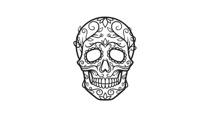Decorative Sugar Skull Illustration in Black Line Art