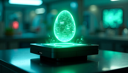 Glowing green holographic egg with circuit patterns floating over a digital device in a laboratory, high-tech bioengineering, innovative holiday tech, or futuristic research promotion. 
