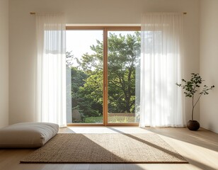 Japandi interior with large window and sheer curtains, sunlight streaming in, minimalist furniture, calm modern zen style